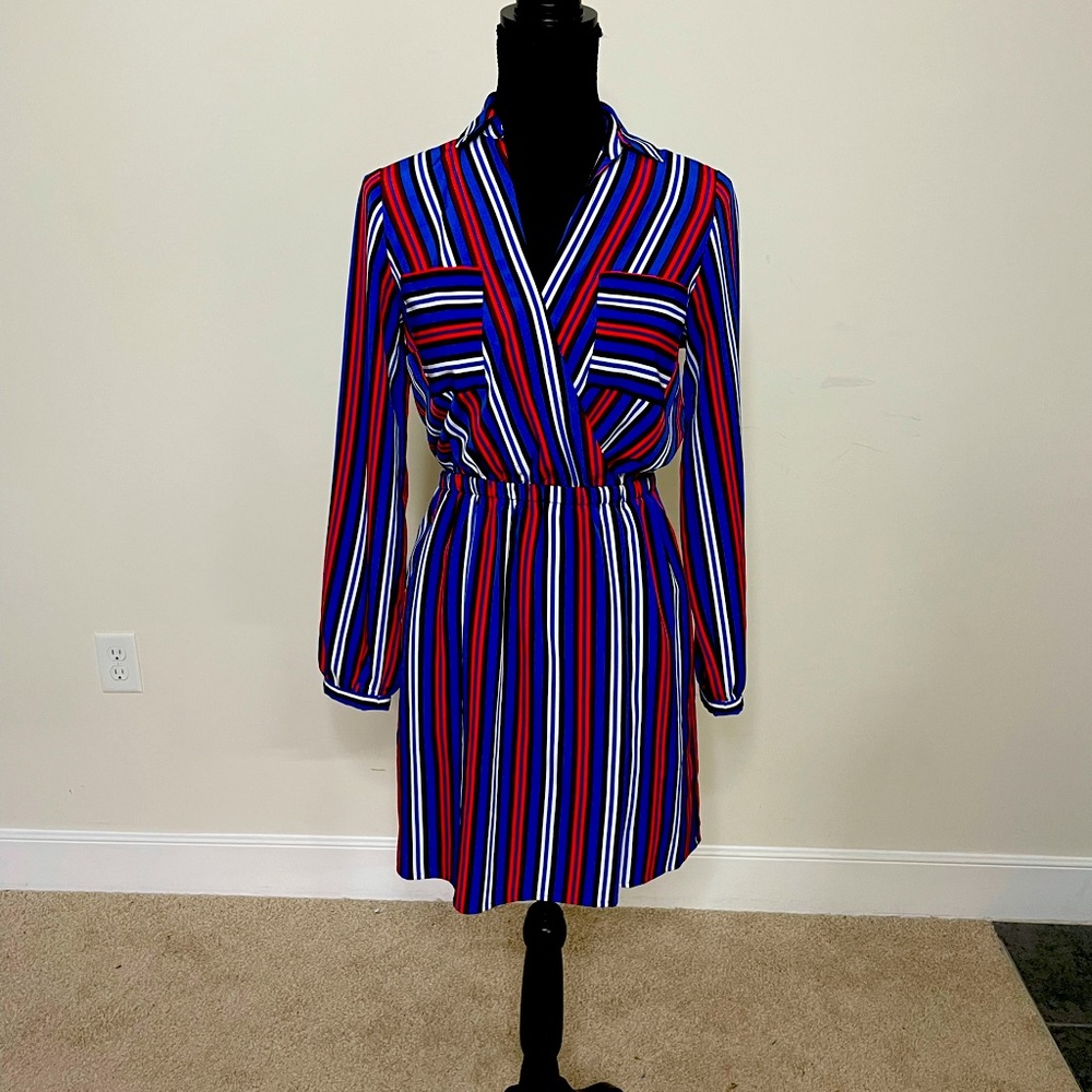 Express Red/White/Blue Striped Collar Tunic Dress